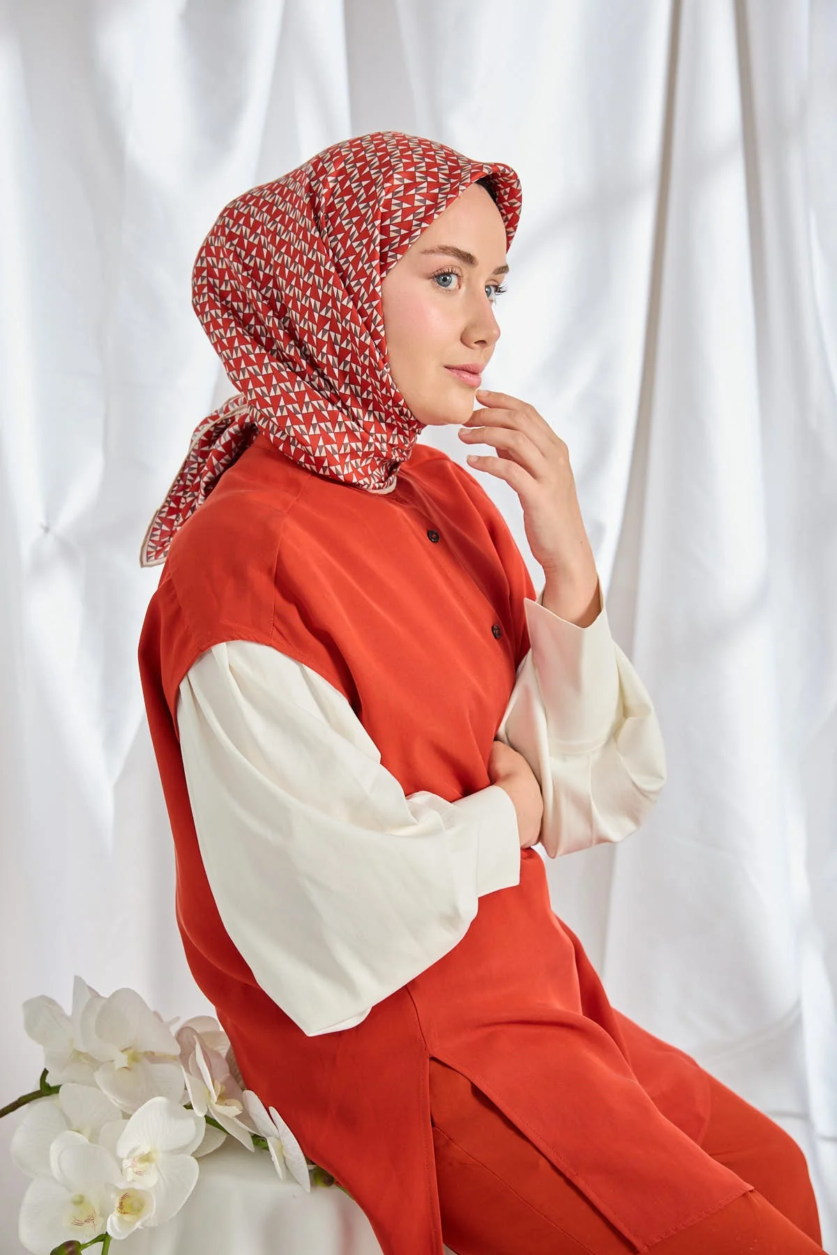 SİLK HOME Twill İpek Eşarp Geometric Pattern Kırmızı Ürün Kodu: 11547-16