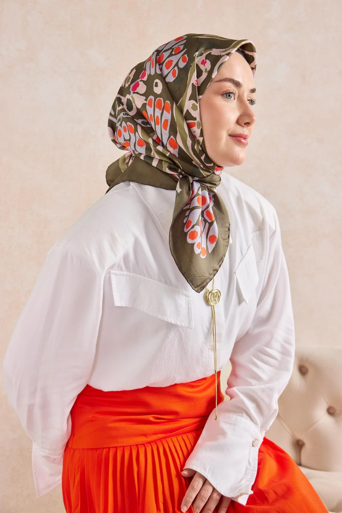 SİLK HOME Twill İpek Mercan Eşarp Yeşil Kahve Ürün Kodu: 11531-07