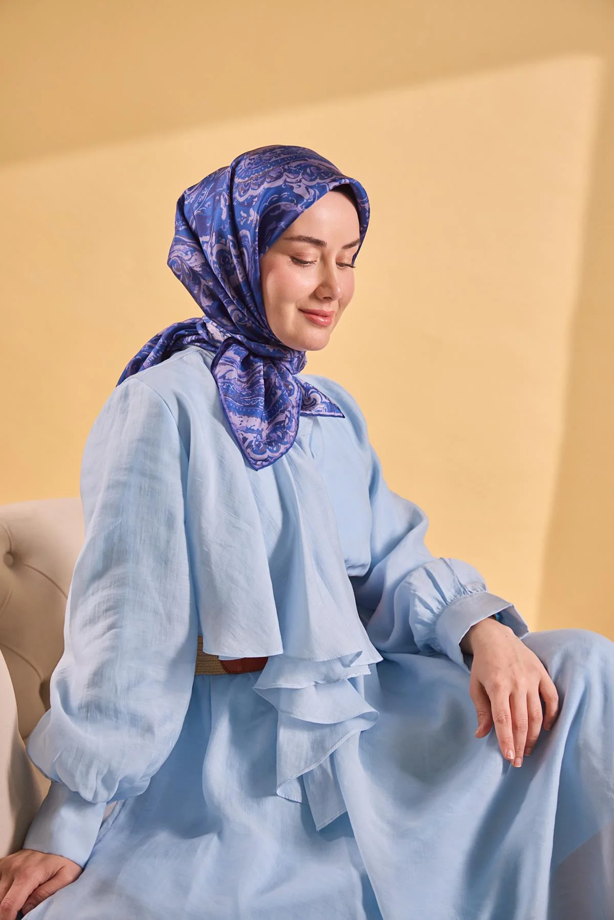 SİLK HOME Twill İpek Eşarp Royale Şal Desen Koyu Mavi  Ürün Kodu: 11519-17